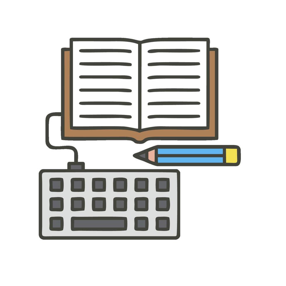 An open book and a keyboard with a pencil vector