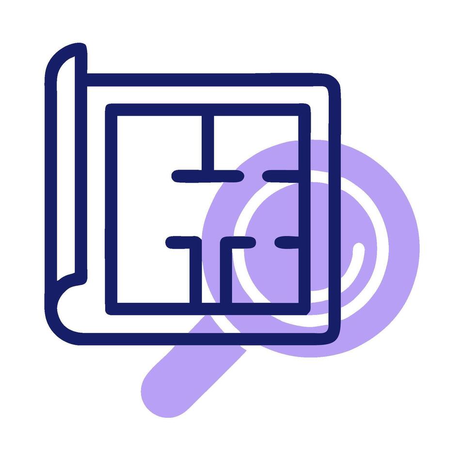A blue icon with a magnifying glass and a piece of paper vector