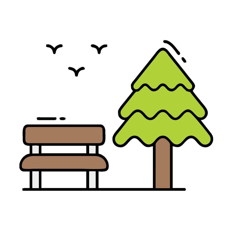 A park bench and tree with birds flying by vector