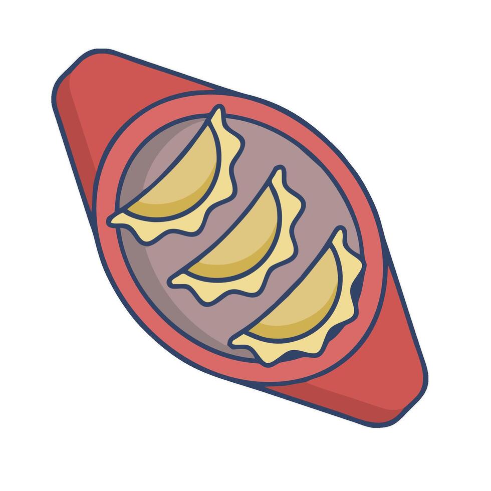 A red and white pan with three pieces of food vector