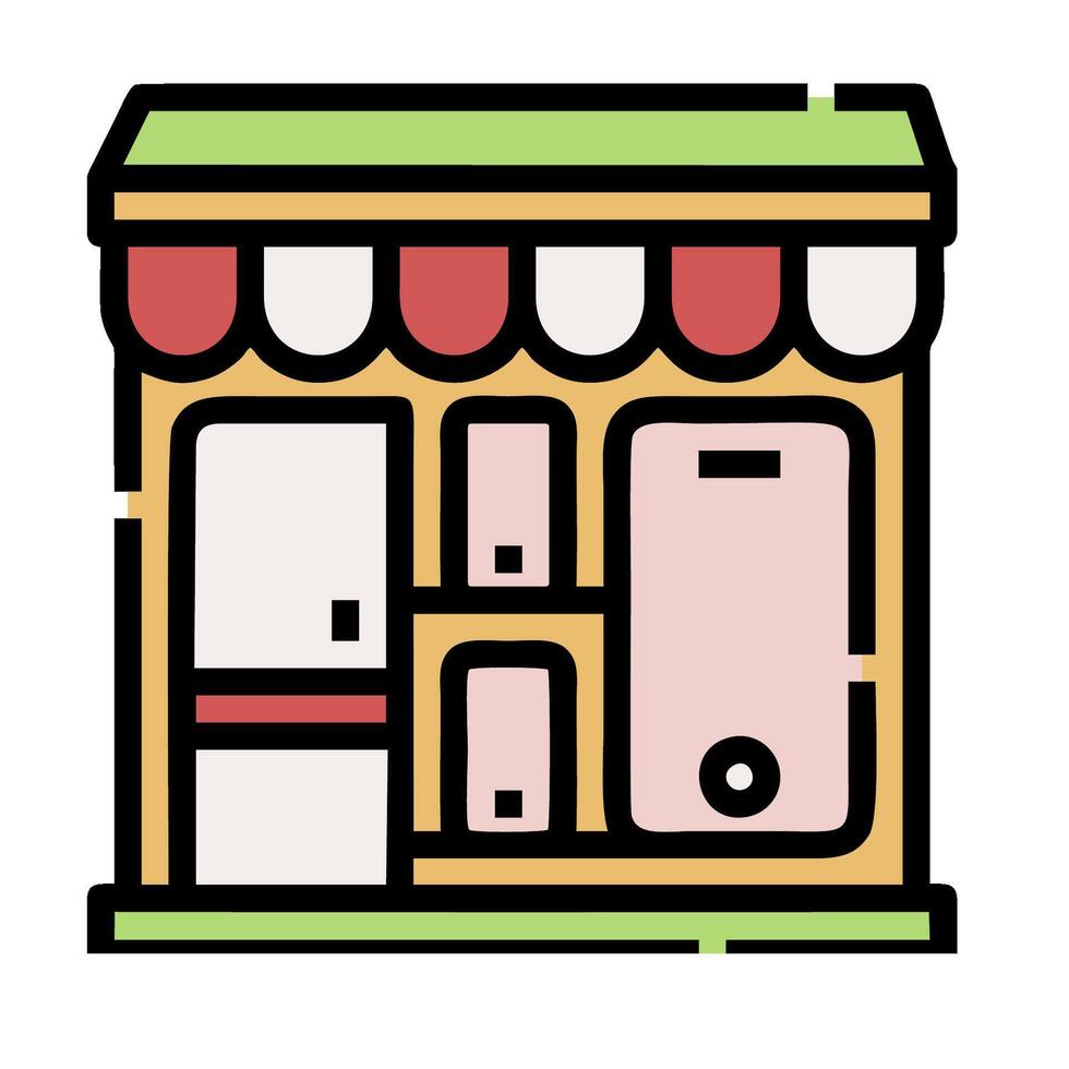 A small store with a red awning and a door vector
