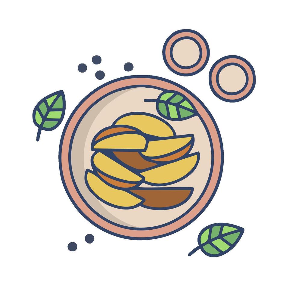 A bowl of fruit with leaves and leaves on it vector