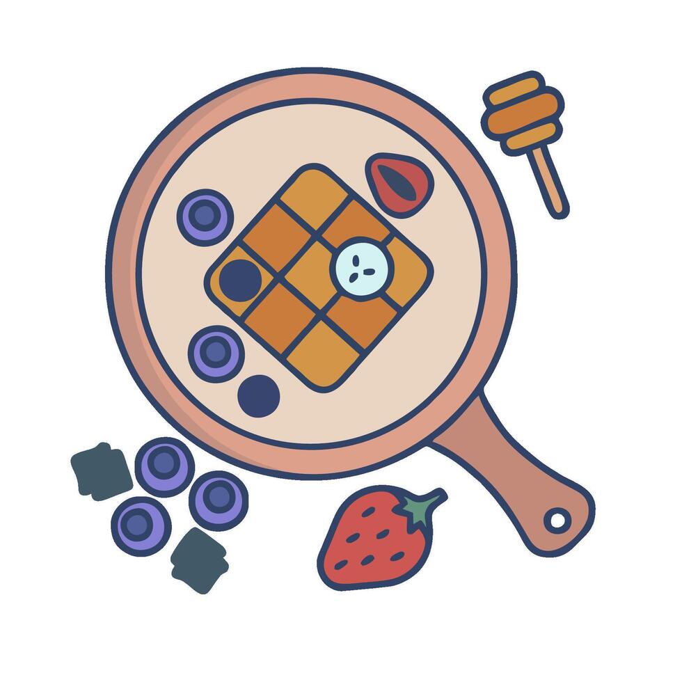 A pan with a bowl of fruit and a spoon vector