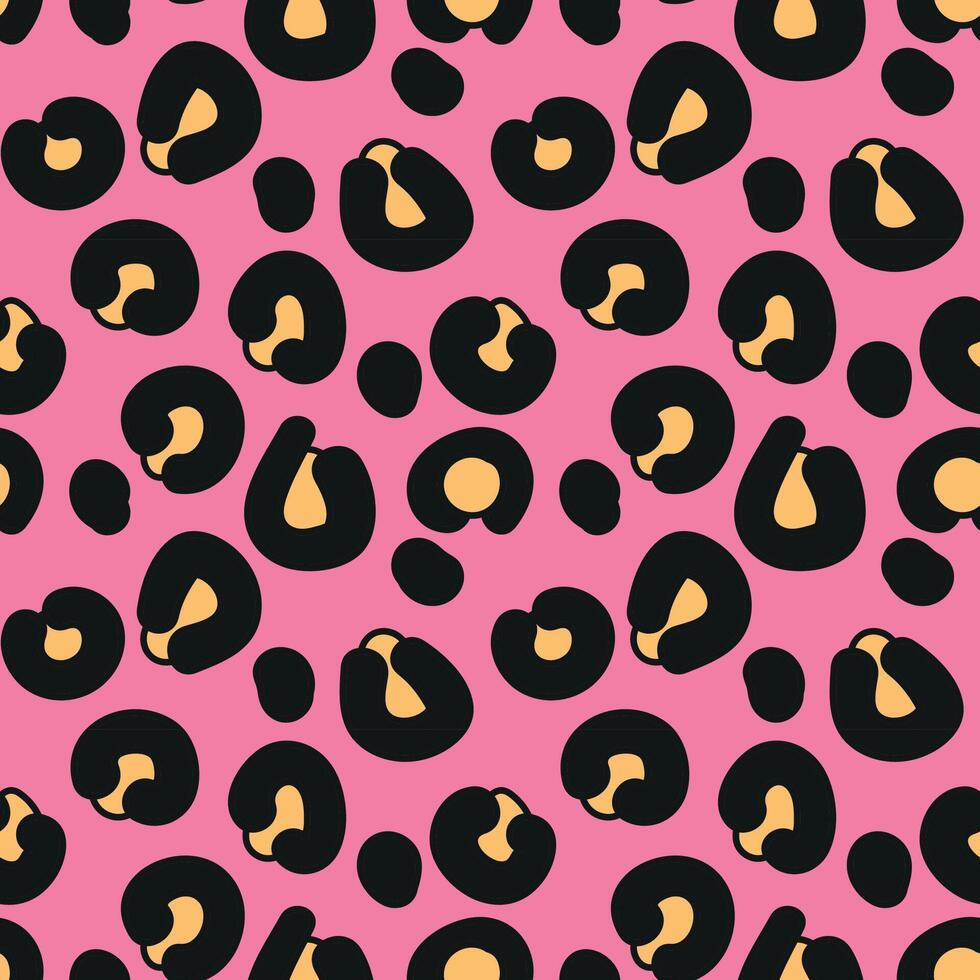 Leopard skin print. Pink yellow black colors. Groovy. Seamless. Abstract. Hand drawn vector