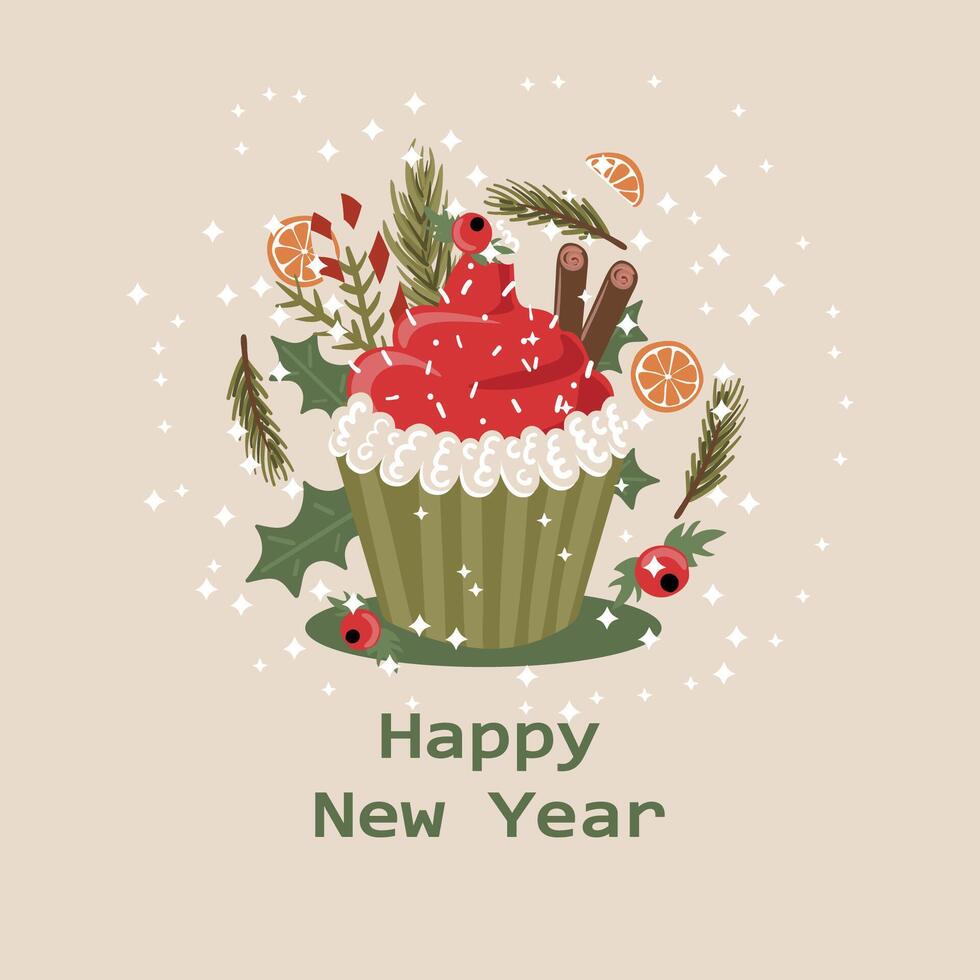 new year christmas greeting card with muffin. template with cute elements for design vector