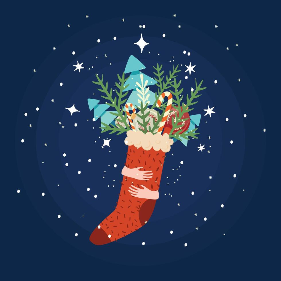 Christmas sock with fir brunches, trees, candy canes and hands. Template for new years design vector