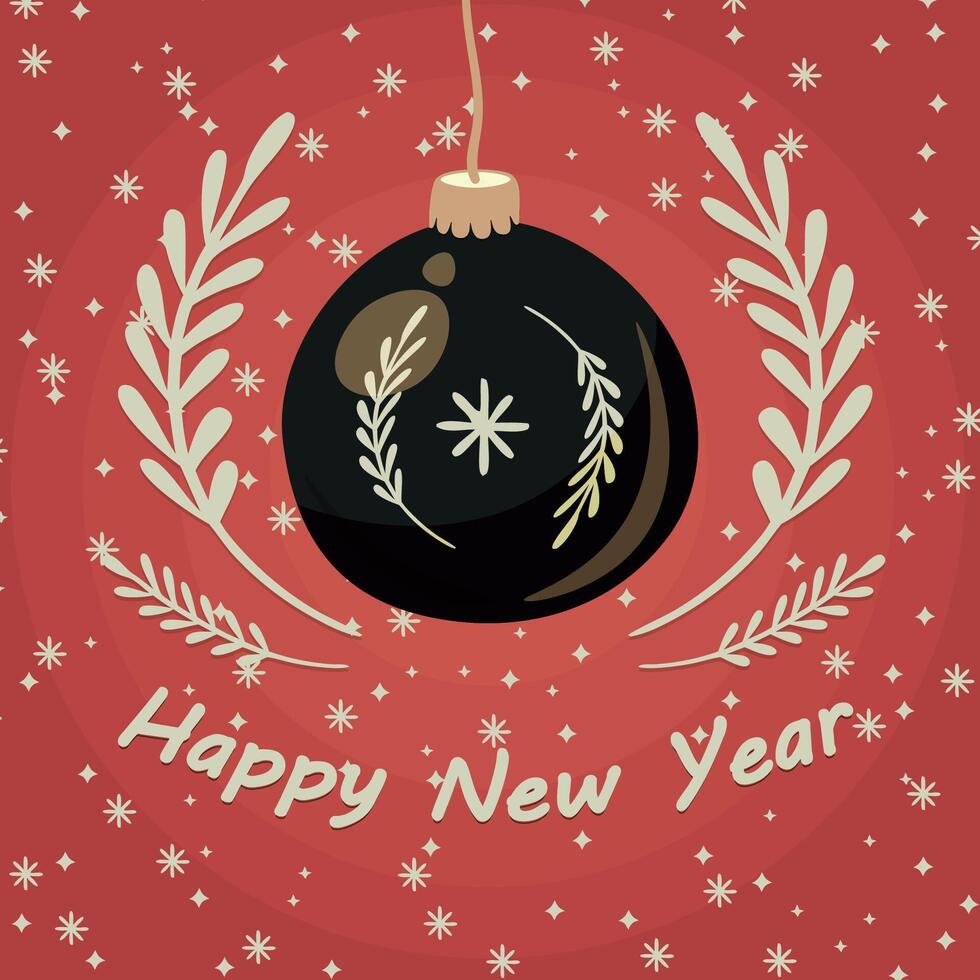 A happy new year card with a black ball hanging from a branch vector