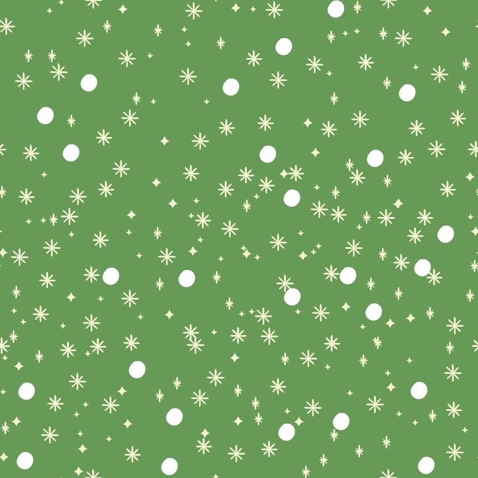 seamless pattern with snowflakes, stars and dots on green background for christmas and new year design vector