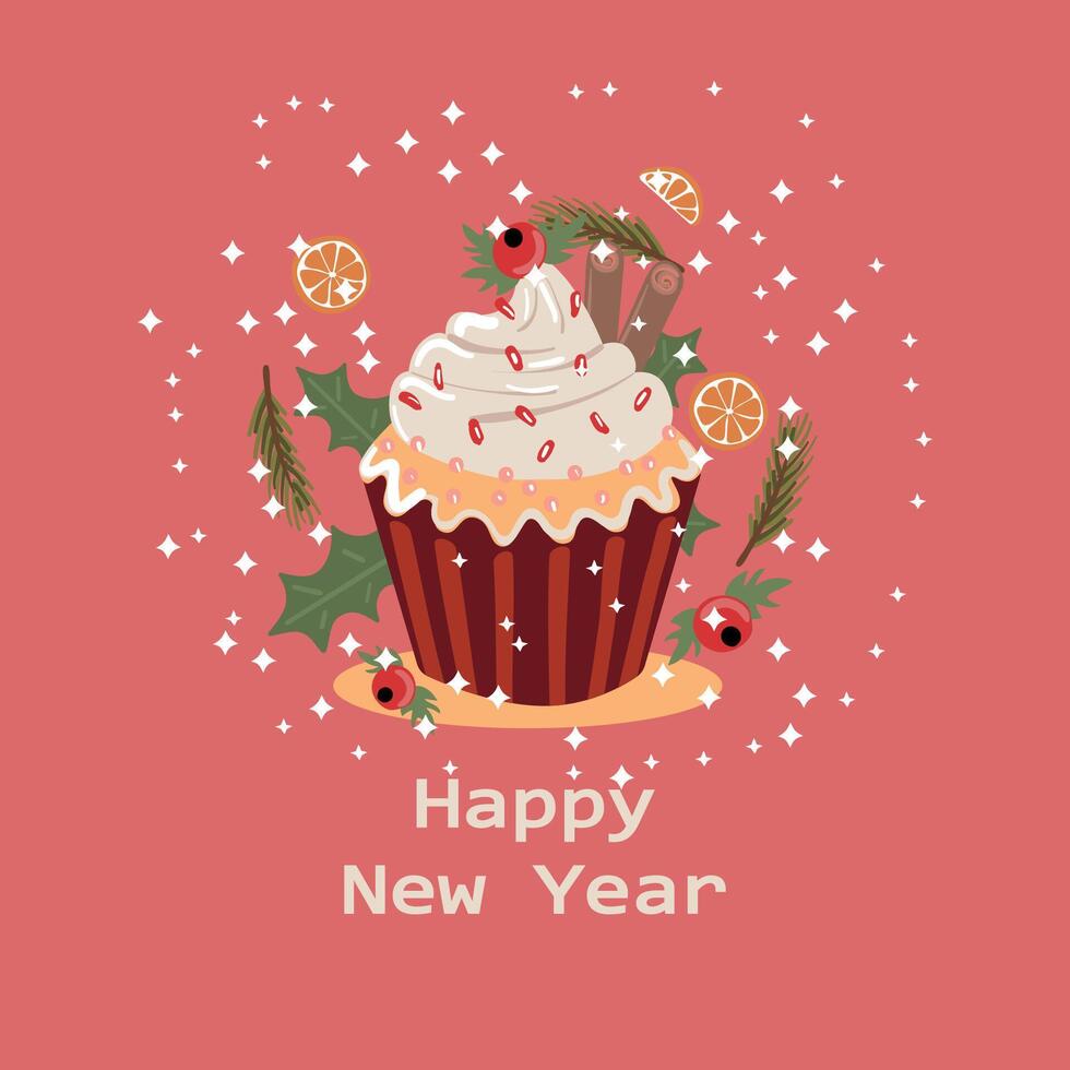 new year christmas greeting card with muffin and oranges. template with cute elements for design vector