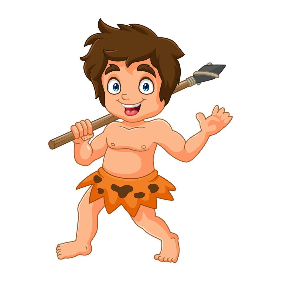 Cartoon young cavemen holding a stone axe vector