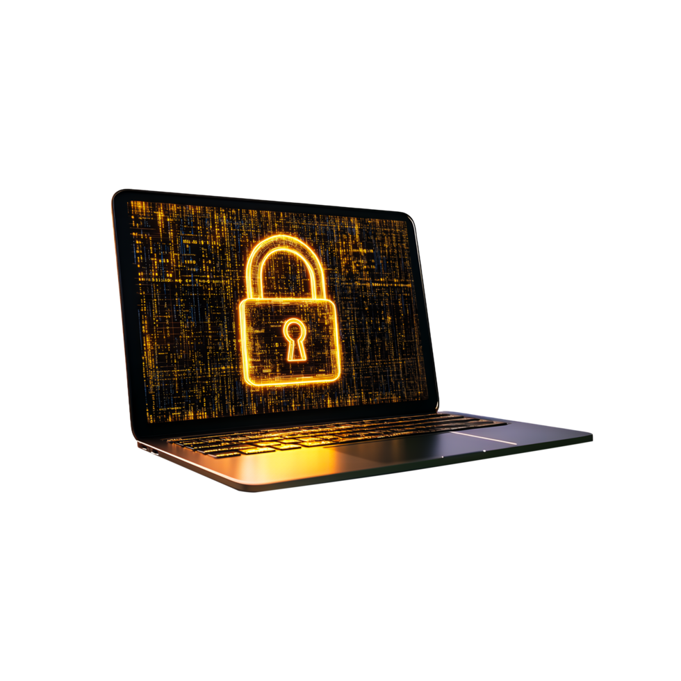 Laptop with Golden Padlock and Digital Code Isolated on Transparent Background png