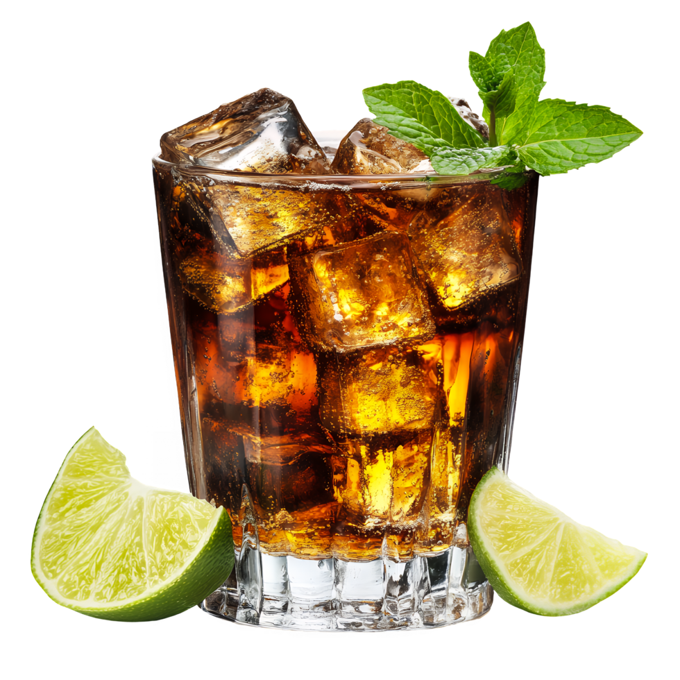 Cold Glass of Cola with Ice Mint and Lime Wedge Isolated on Transparent Background png
