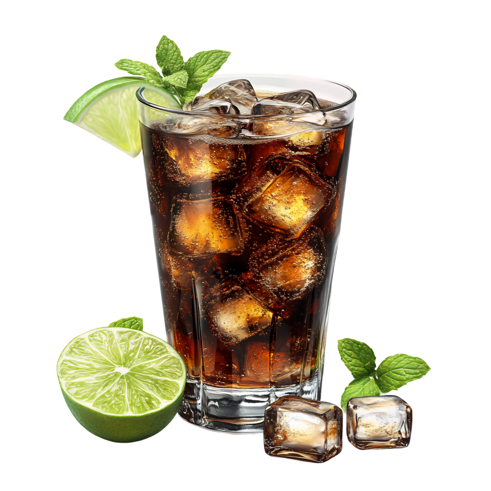 Real Glass of Cold Cola with Ice and Mint Leaves Isolated on Transparent Background png