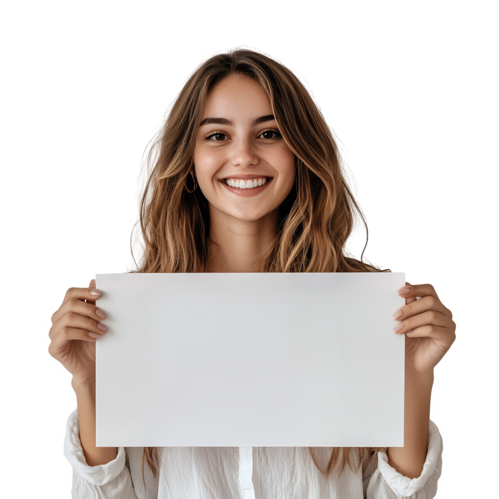 Woman with Empty White Sign in Hand Isolated on Transparent Background png