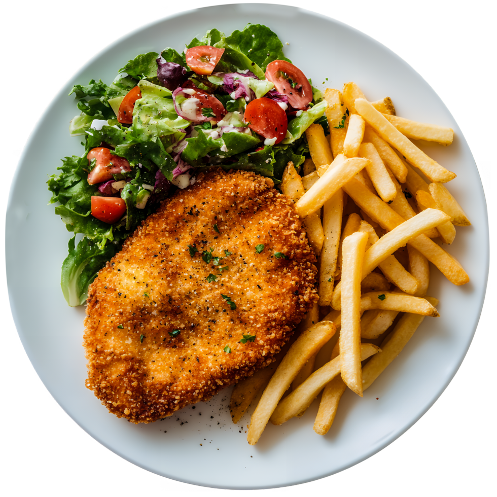 Chicken Cutlet Dish with Fries and Salad Isolated on Transparent Background png