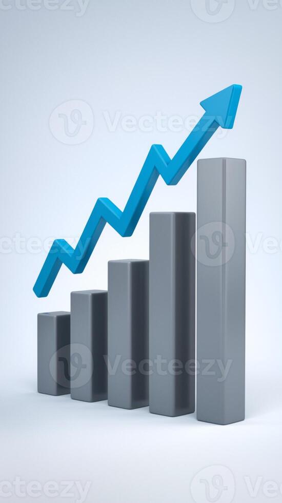 Gray bar chart with blue zigzag line and arrow shows growth Vertical Mobile Wallpaper photo