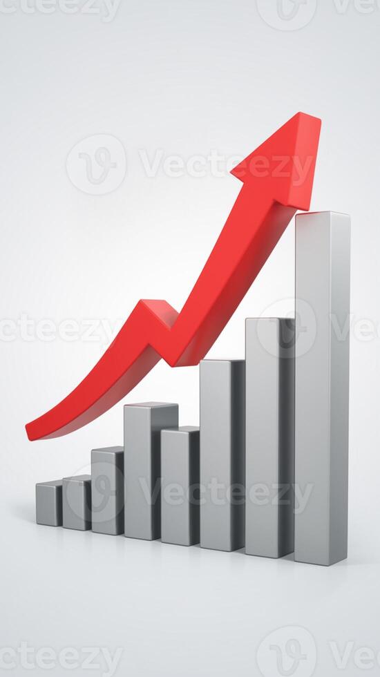 Red 3D arrow points upwards over gray bars, indicating rising data Vertical Mobile Wallpaper photo
