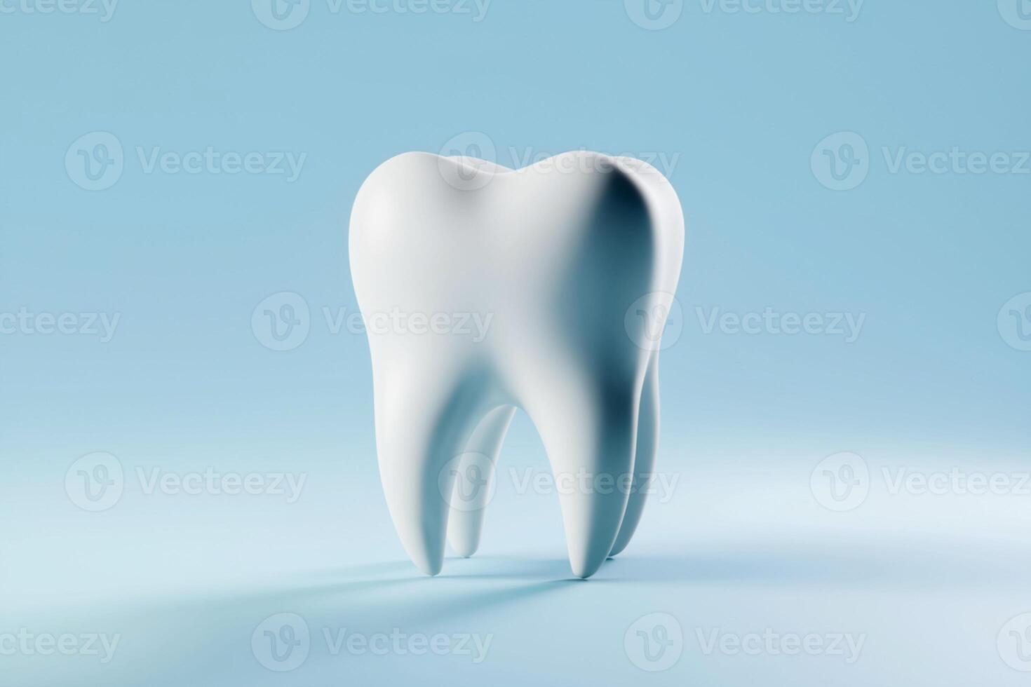 3D white tooth against light blue background highlights rounded crown and tapering root photo