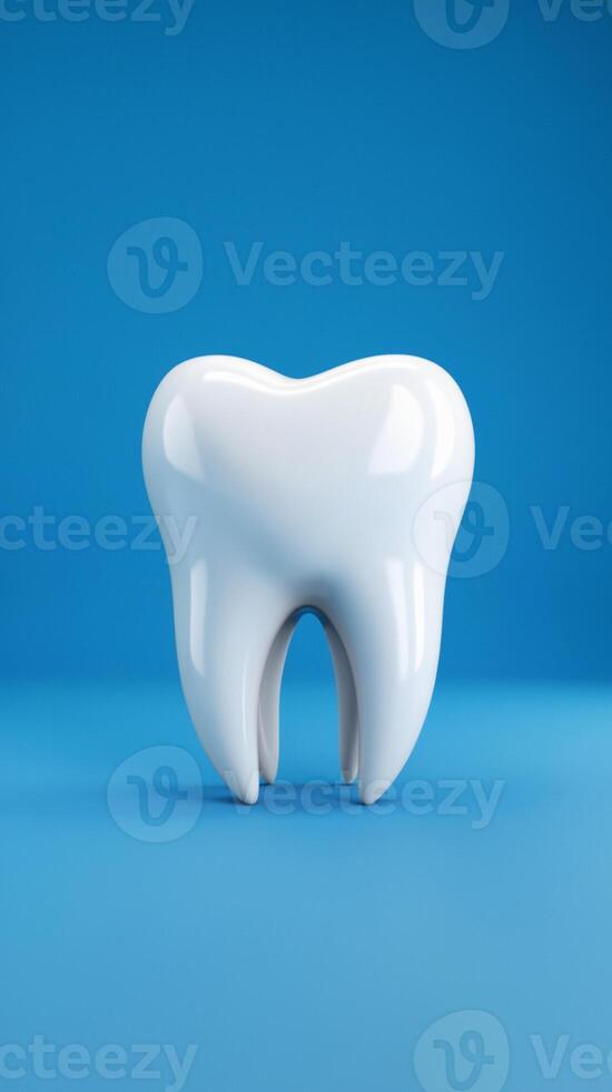 3D rendered tooth stands upright against vibrant blue background, showcasing smooth surface Vertical Mobile Wallpaper photo