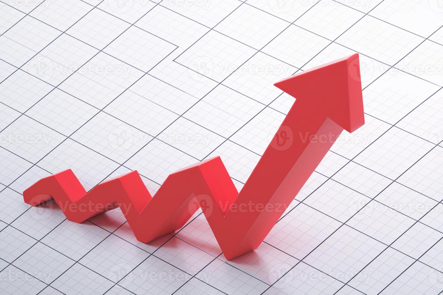 Red arrow against white grid rises, indicating upward data trends photo