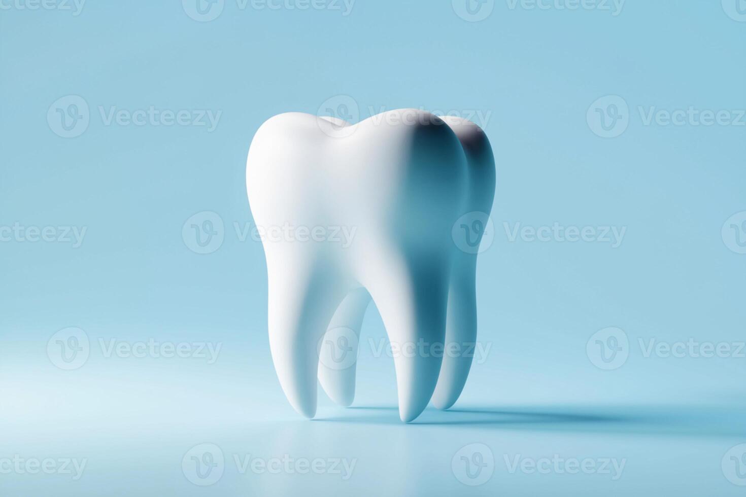 3D white tooth against light blue background highlights rounded crown and tapering root photo