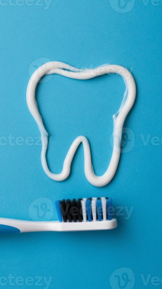 Toothpaste shaped like tooth beside toothbrush on turquoise background indicates brushing Vertical Mobile Wallpaper photo