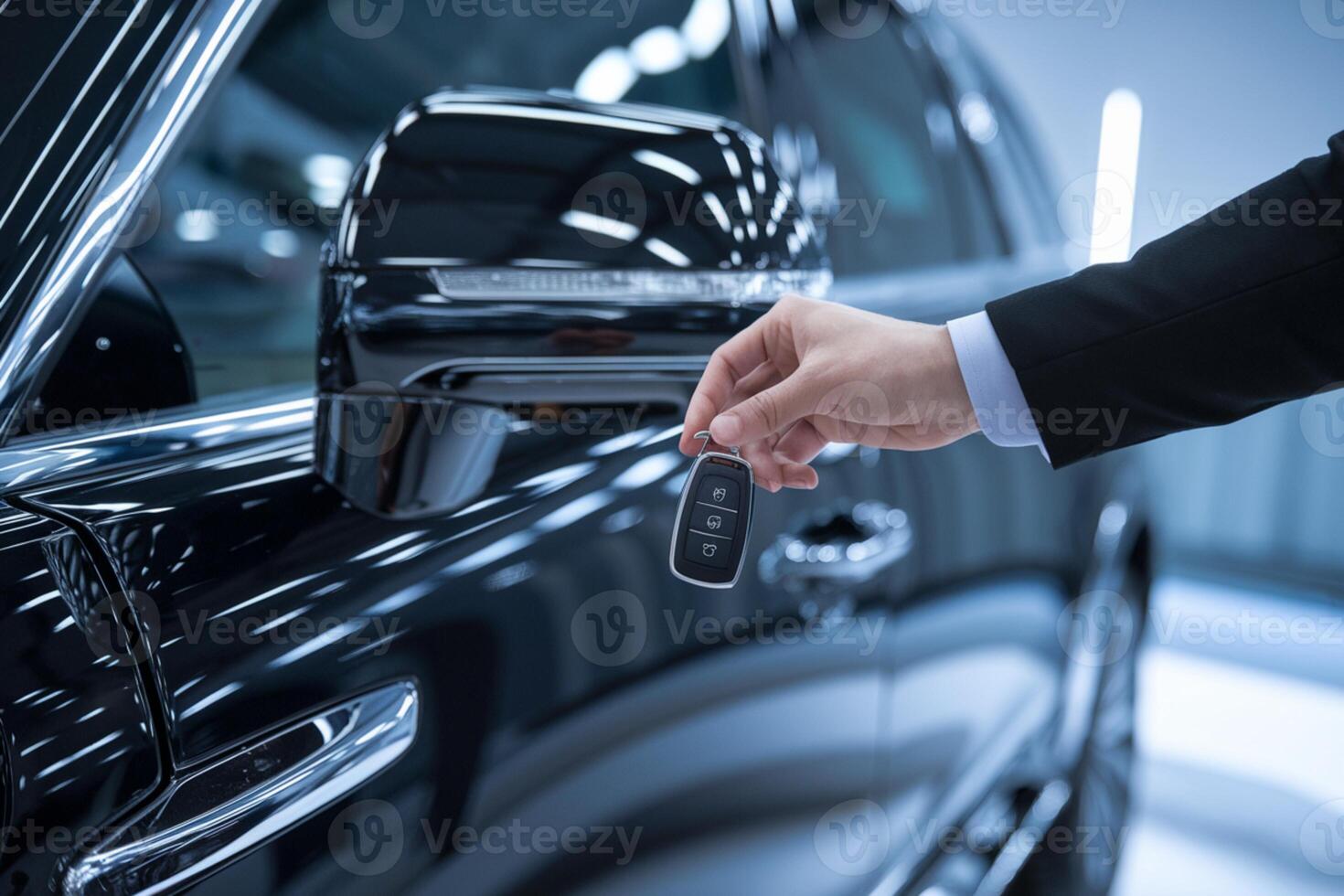 Hand with car key near a side mirror, sleek vehicle in the background photo