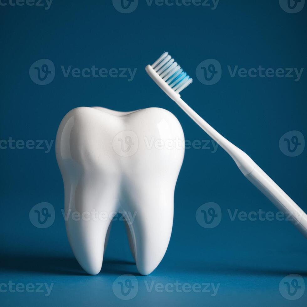 White tooth and toothbrush on blue background suggest brushing action, promoting care For Social Media Post Size photo