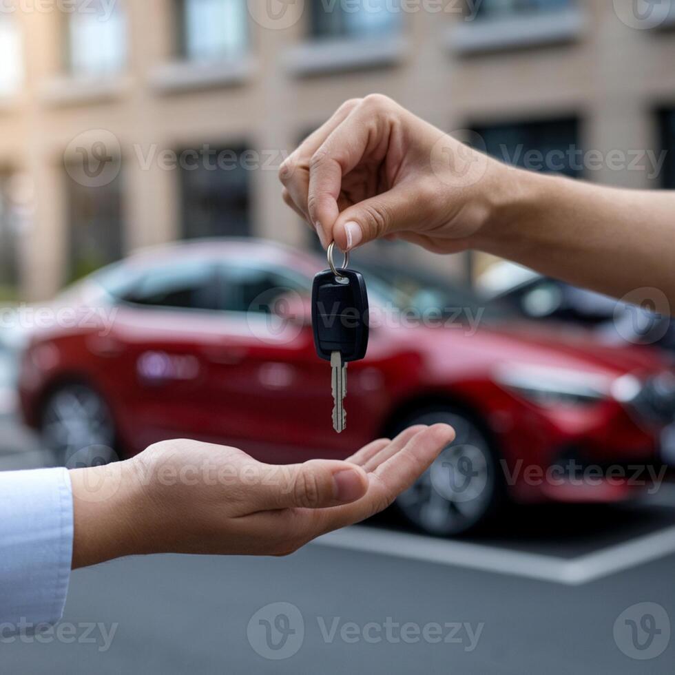 Hand gives car key with a red car in the background For Social Media Post Size photo