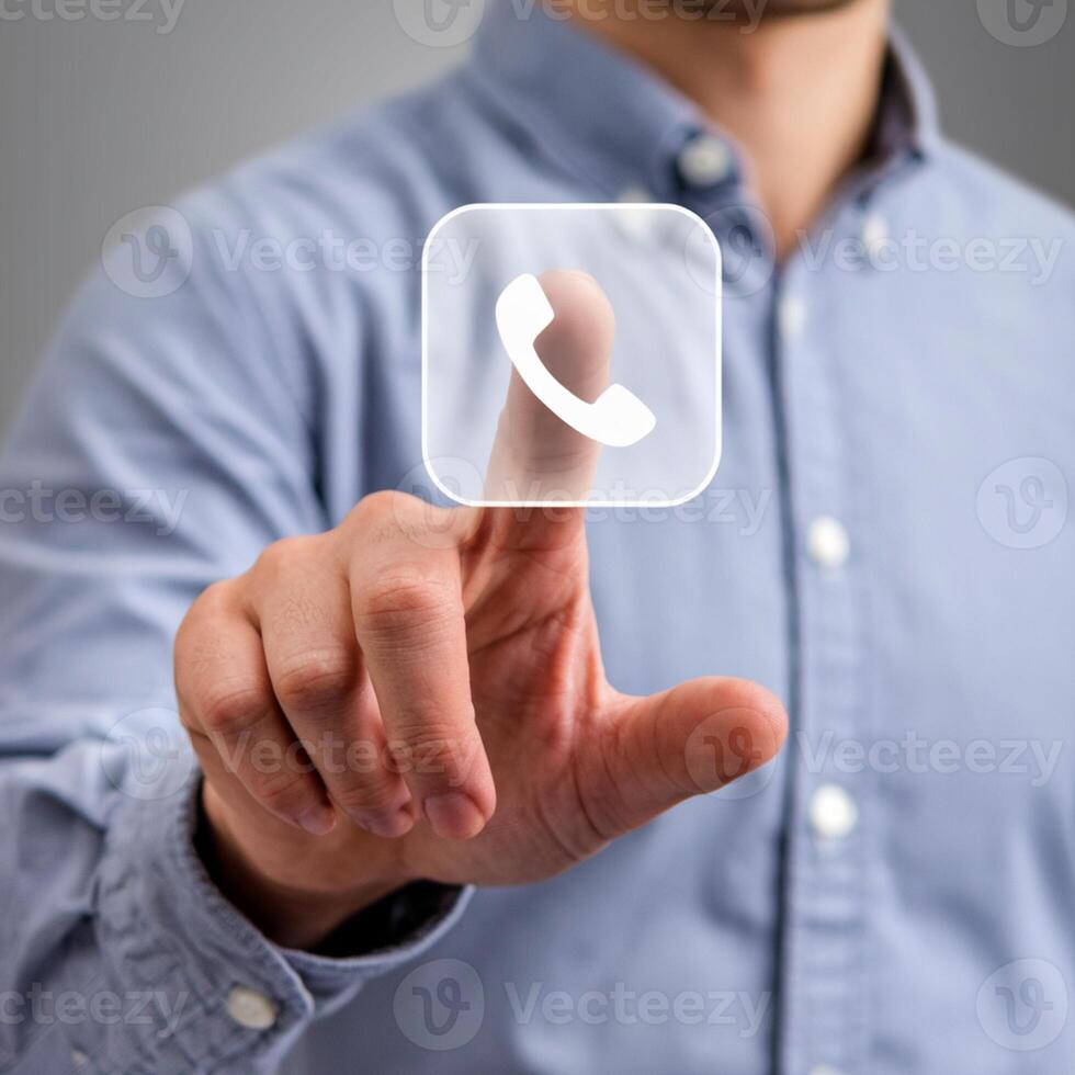 Hand points at a phone icon on a blurred background For Social Media Post Size photo