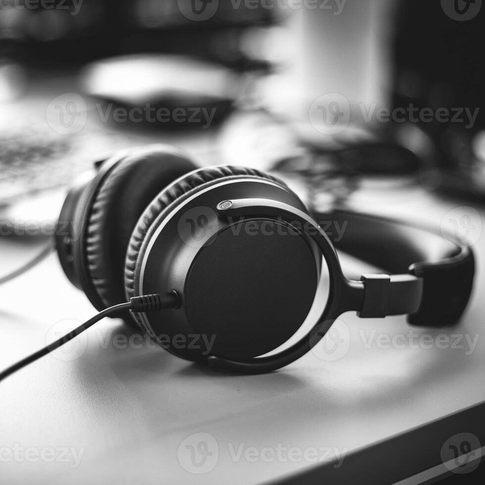 Black headphones on a desk, with an audio cable extending off frame For Social Media Post Size photo