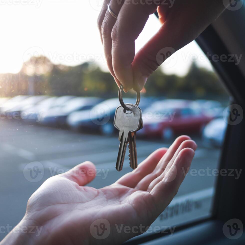 Keys dangle from a ring with a parking lot seen through the car window For Social Media Post Size photo