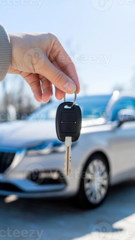 Hand holds a car key with a blurred light colored car in the background Vertical Mobile Wallpaper photo