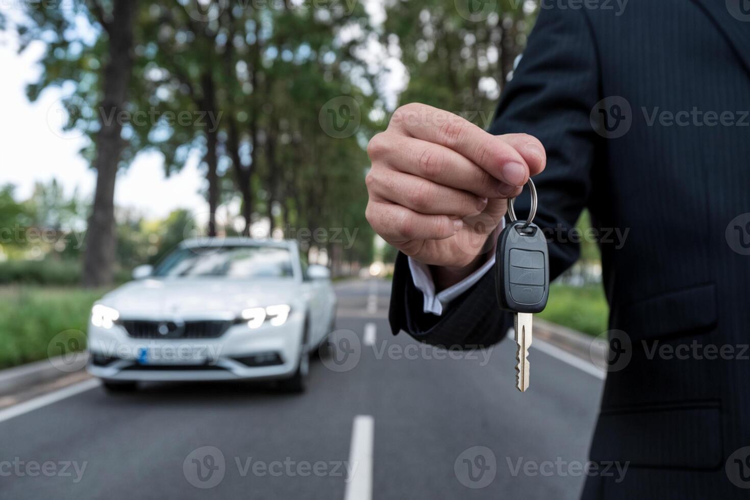 Man holds car key with a white car and trees in the background photo