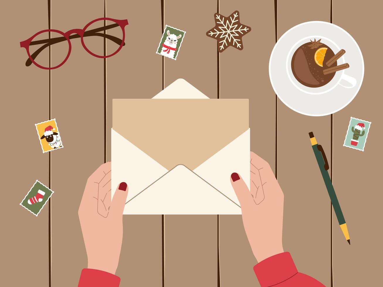 Background of Christmas preparation featuring letter in hands from top view with copy space. illustration for holiday greetings, festive planning, and seasonal designs vector