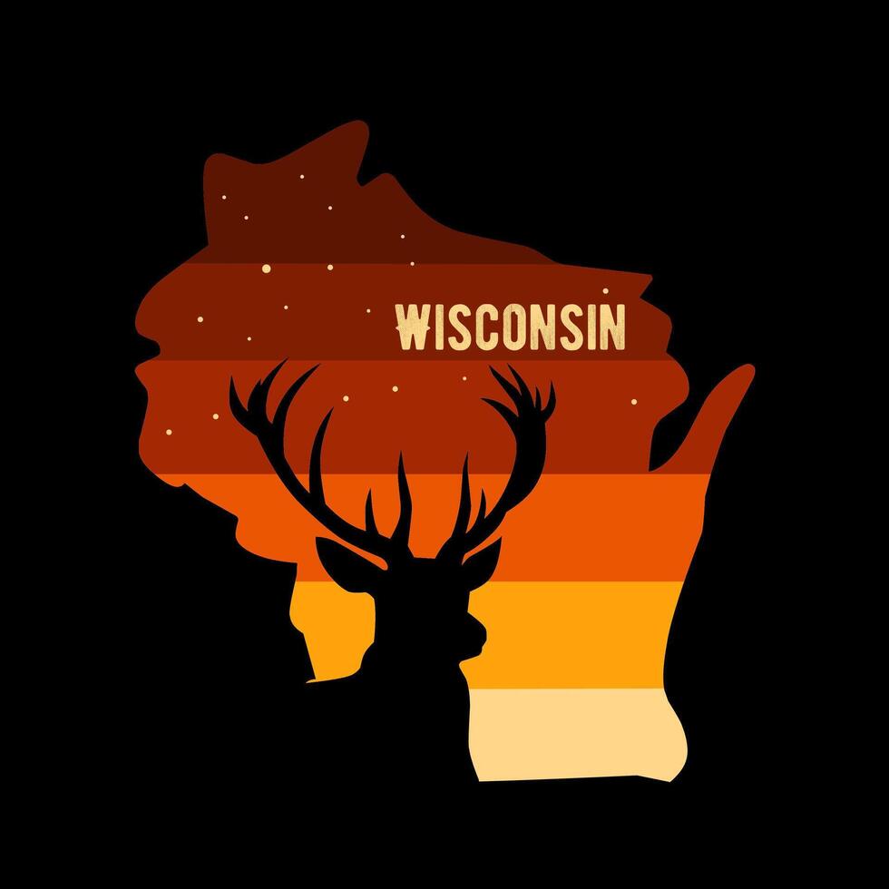 Wisconsin Silhouette with Deer and Retro Sunset Vibes vector