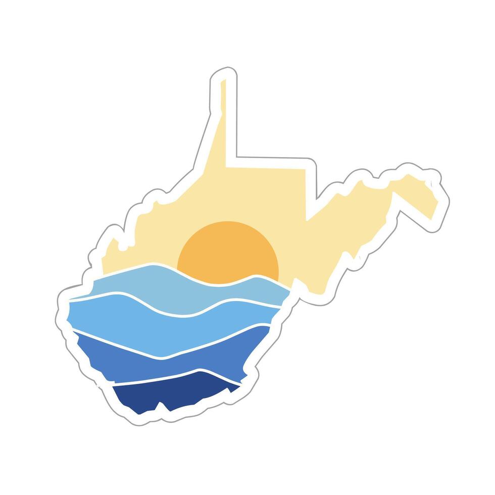 Sticker of West Virginia Map with Sunset and Waves vector