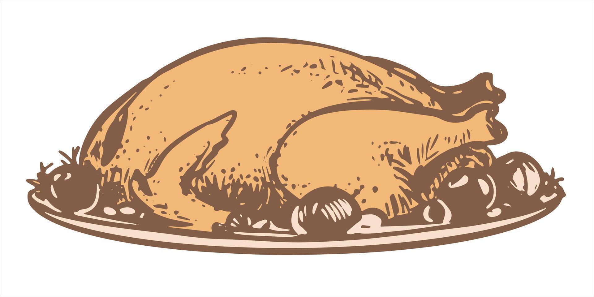 Hand drawn roast turkey in a plate with vegetables. sketch of Christmas dish in engraving style. Baked chicken with vegetables on a plate for thanksgiving party. Linear ink drawing. vector