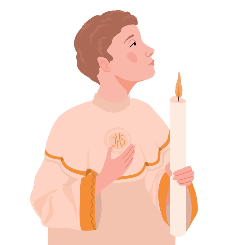 Boy in white robe for first communion. . Child ready to receive Eucharist. Young catholic praying before holy sacrament of communion holding candle. vector