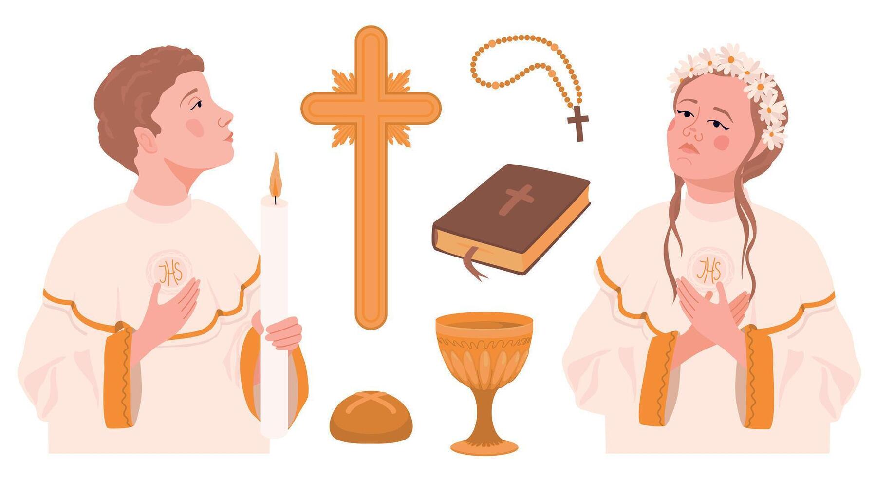 Catholic First Communion Elements. Boy and girl praying and preparing for the tiast of the Eucharist. set. Golden wine cup, cross, bible, bread, rosary. Beautiful invitation design elements. vector