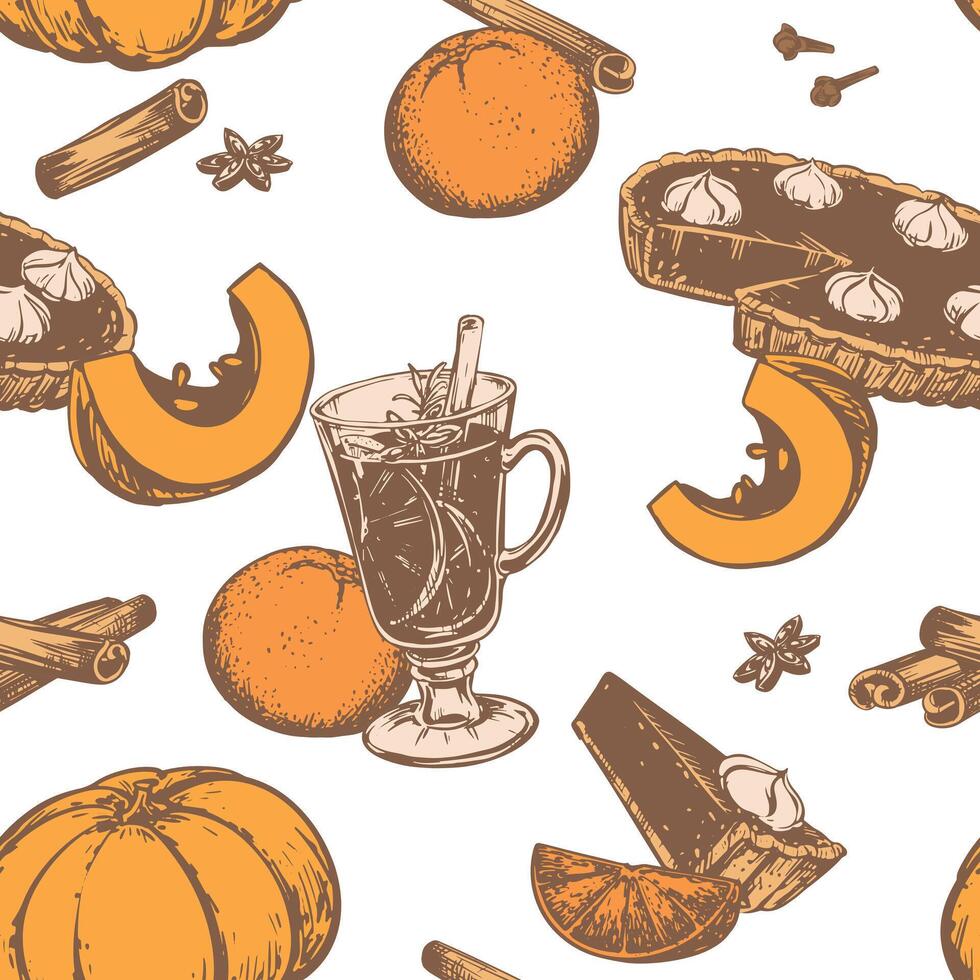 Seamless background for thanksgiving day. pattern of traditional autumn dishes for Halloween. Mulled wine, pumpkins, orange, pumpkin pie with whipped cream, cinnamon and anise. Line drawing. vector