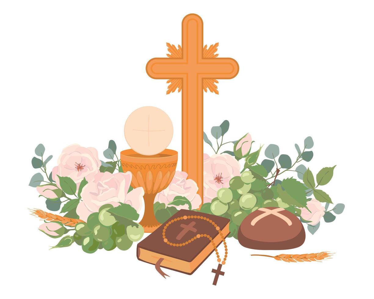 First Communion symbols. . Golden wine cup, bread, bible, rosary, wine, grapes, white roses and crucifix. Elements for beautiful invitation design. Festively decorated altar. vector