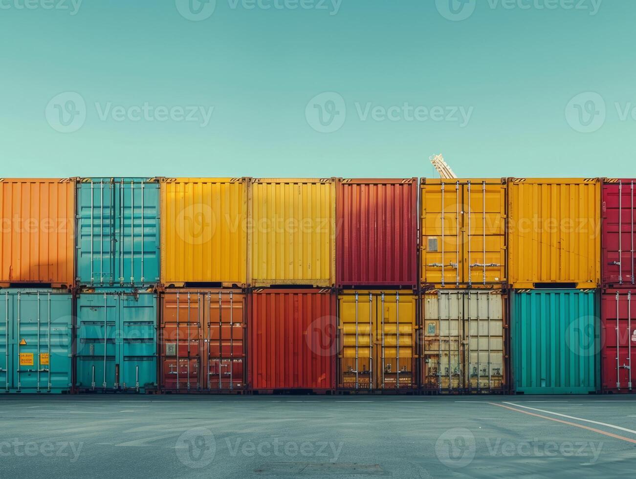 Cargo containers stacked in a port. The containers are used for shipping, transportation, and logistics in various industries. photo