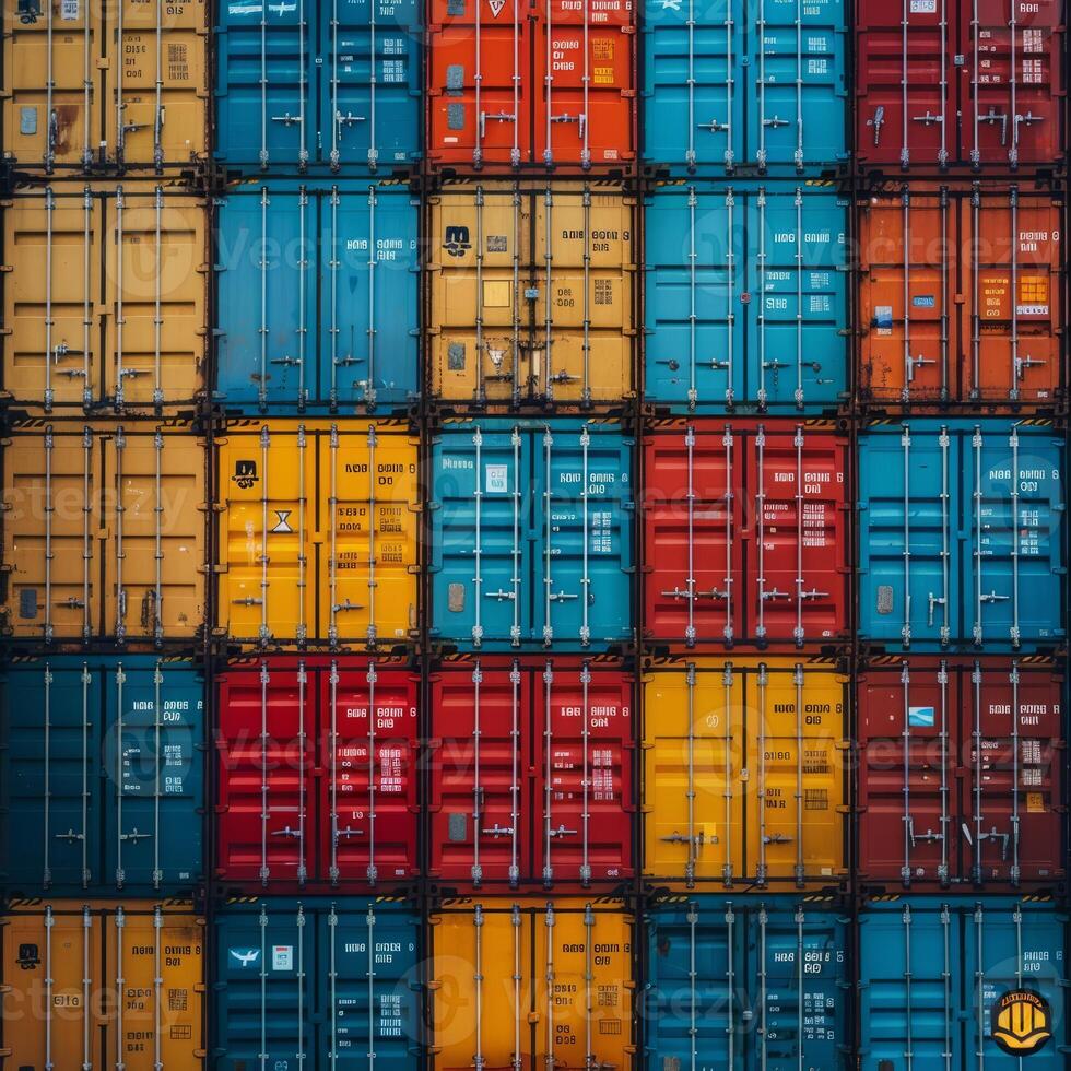 Cargo containers stacked in a port. The containers are used for shipping, transportation, and logistics in various industries. photo