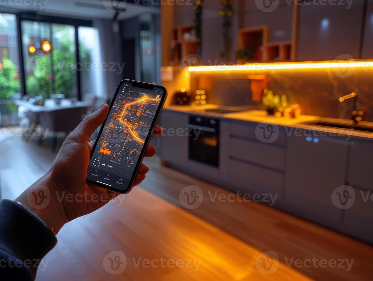 Smart Home Technology. Human hand is holding smart phone with launched Smart home application. photo