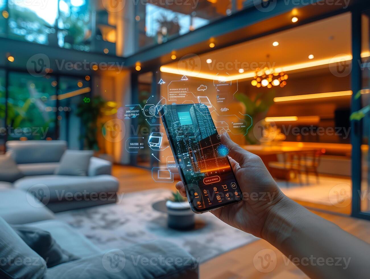Smart Home Technology. Human hand is holding smart phone with launched Smart home application. photo