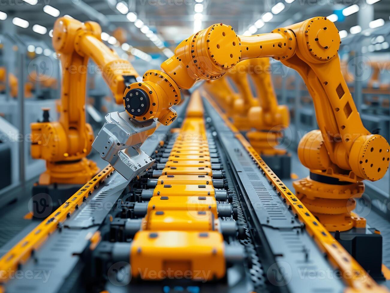 Yellow industrial robot arm at production line at modern factory. Yellow robot arm in maintenance unit. Industrial robot arms in factory. photo