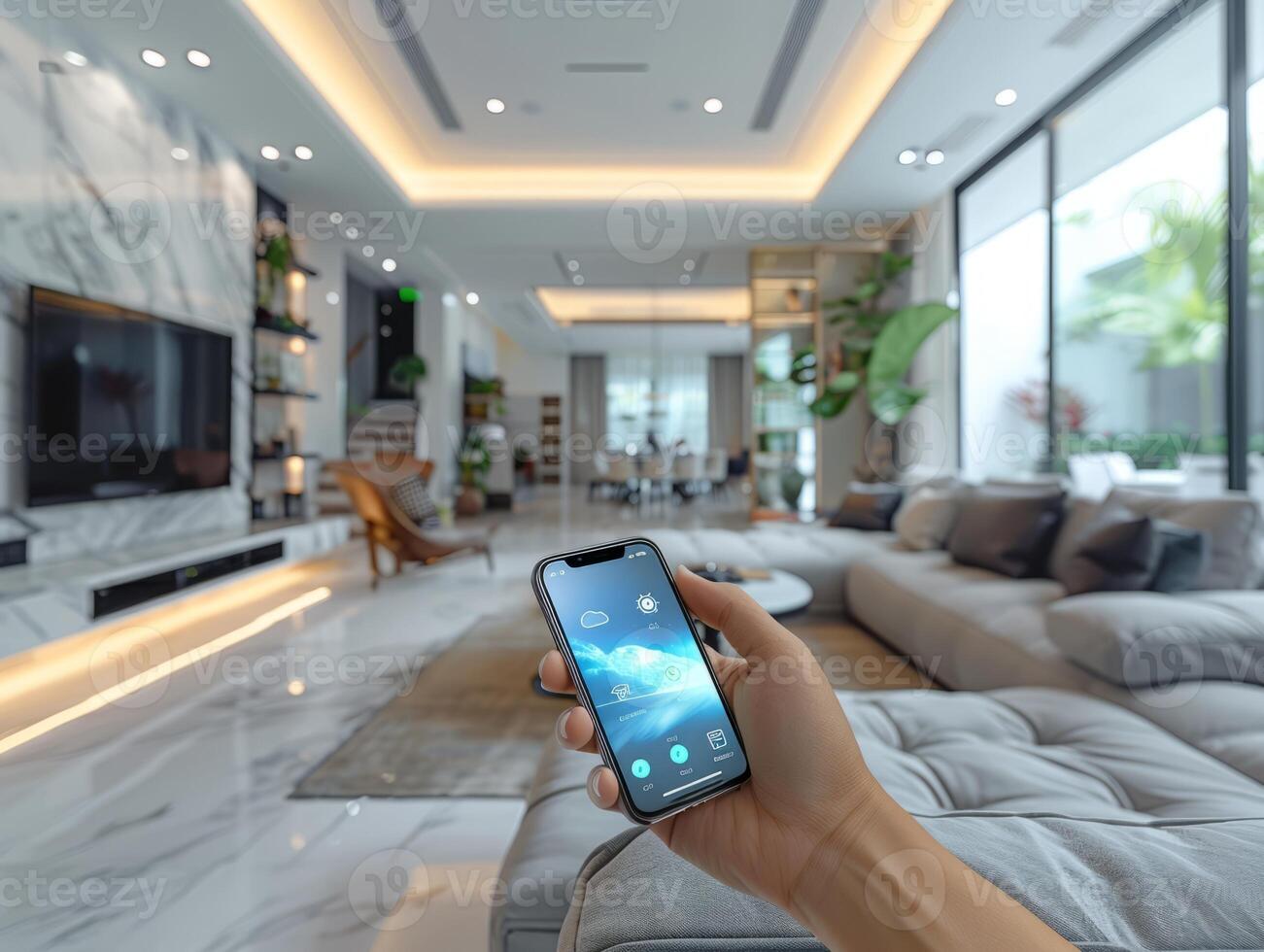 Smart Home Technology. Human hand is holding smart phone with launched Smart home application. photo