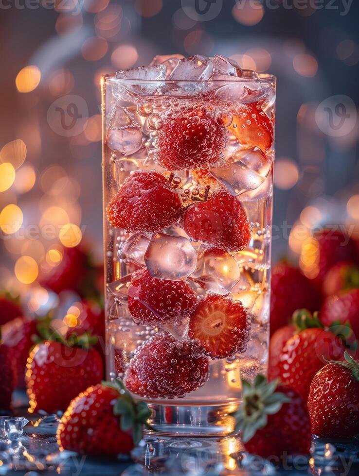 Fresh drink with strawberries and ice cubes. Summer beverage close up. Fresh drink with berries. photo