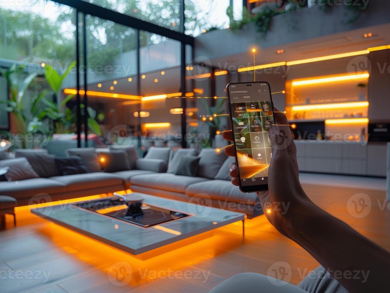 Smart Home Technology. Human hand is holding smart phone with launched Smart home application. photo